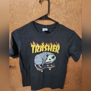Thrasher Kids Black Tee with Skateboarding Opossum Graphic